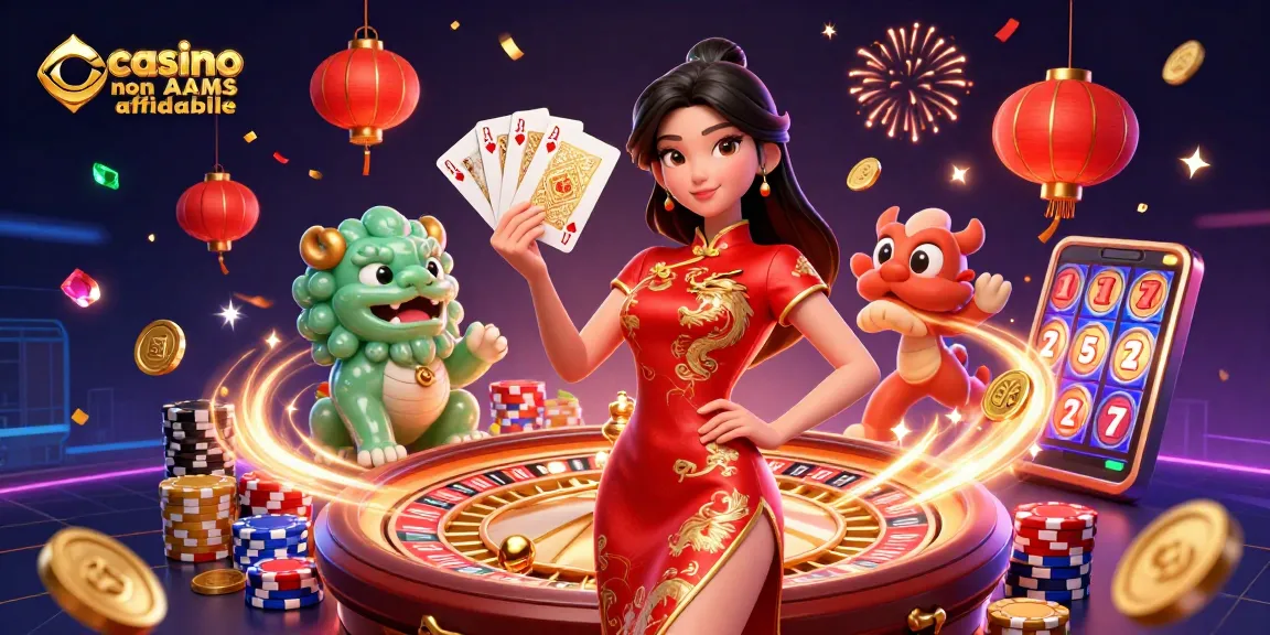 Scena coinvolgente che illustra un casino non AAMS affidabile con una donna elegante, carte ed elementi di gioco vivaci.