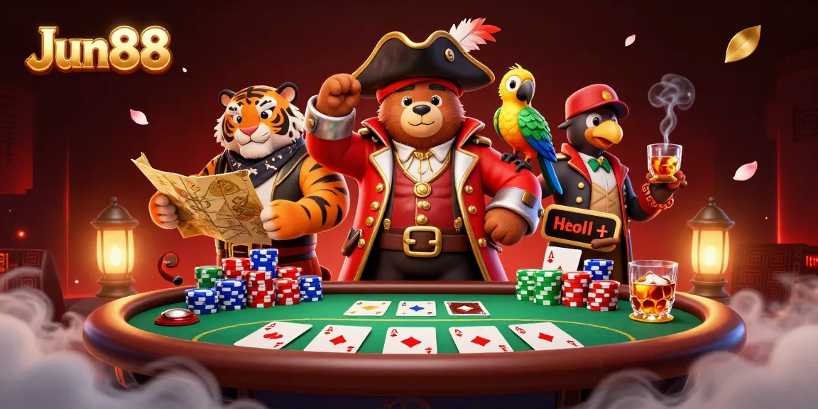 Experience thrilling poker action at Jun88 with a dynamic scene featuring a pirate captain bear and friends.