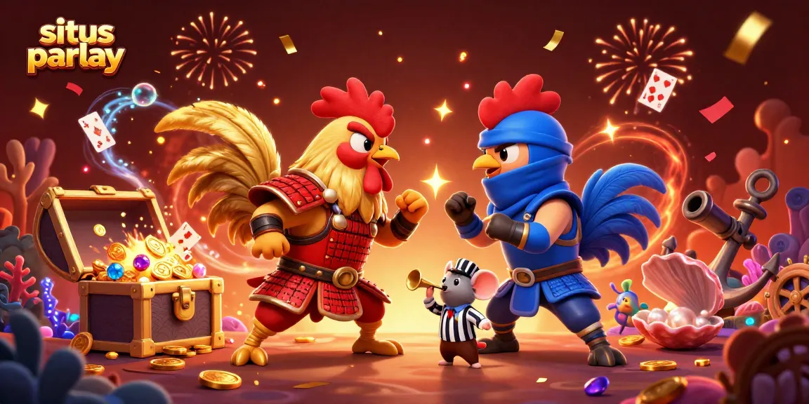 Experience thrilling situs parlay action with fighting roosters in a vibrant casino scene full of treasures.