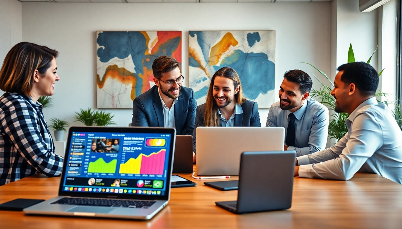 Engaged team strategizing for a social media agency, showcasing vibrant digital metrics.
