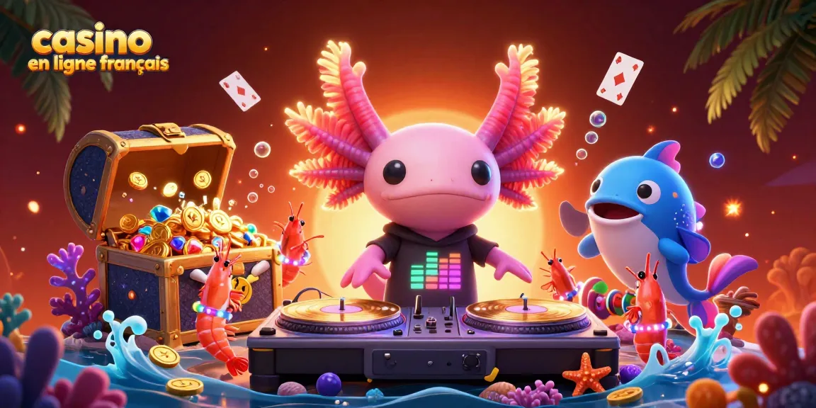 Jouez sur un casino en ligne français avec une illustration colorée de DJ axolotl et des jeux sous-marins captivants.