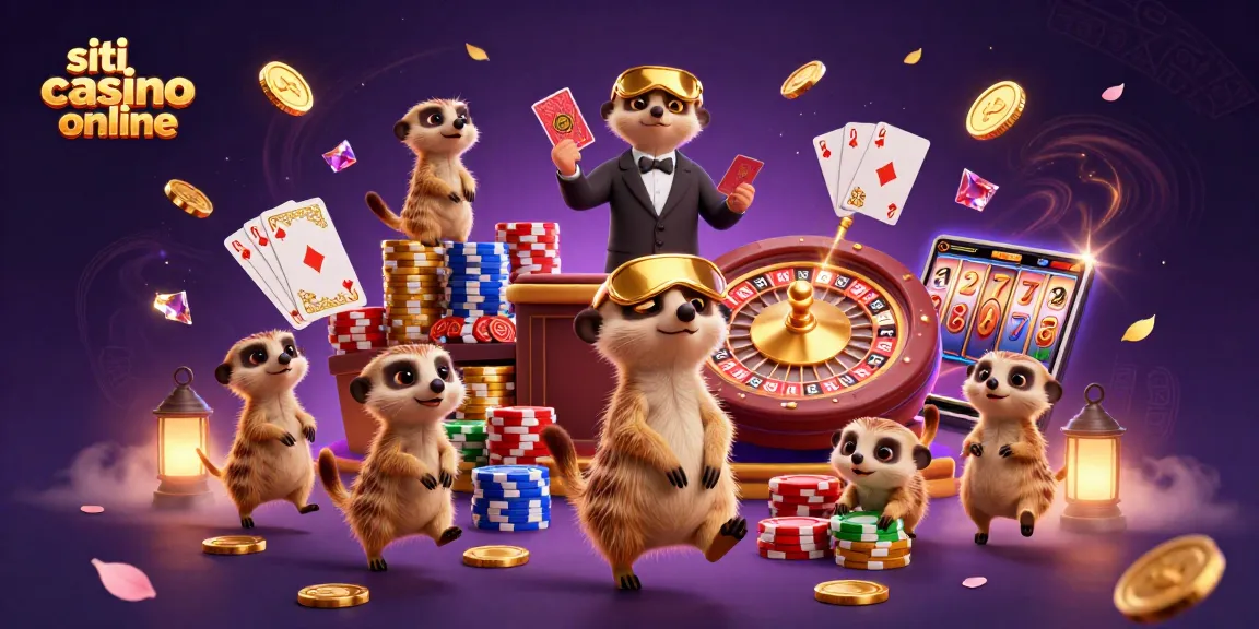 Siti casino online: una divertente colonia di suricati gestisce un'operazione di casinò con giochi vivaci e dettagli colorati.
