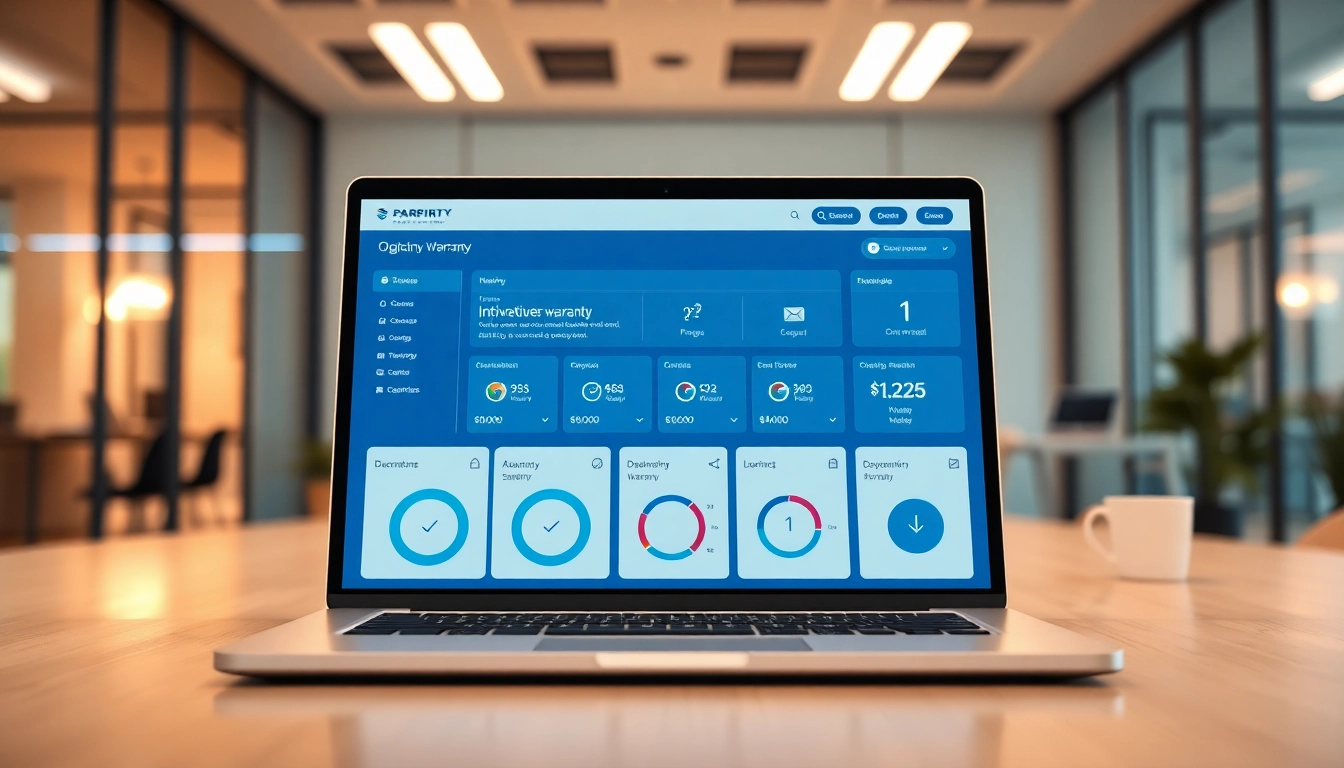 Engaging digital first warranty company interface on a laptop in a modern office setting.