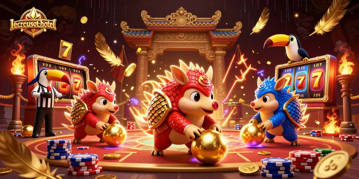 Experience thrilling gaming at lecreusot-hotel with animated pangolins competing in a vibrant casino.