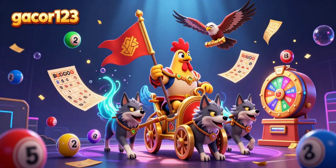 Engage with gacor123 in this lively illustration featuring a rooster warlord amidst colorful gaming elements.