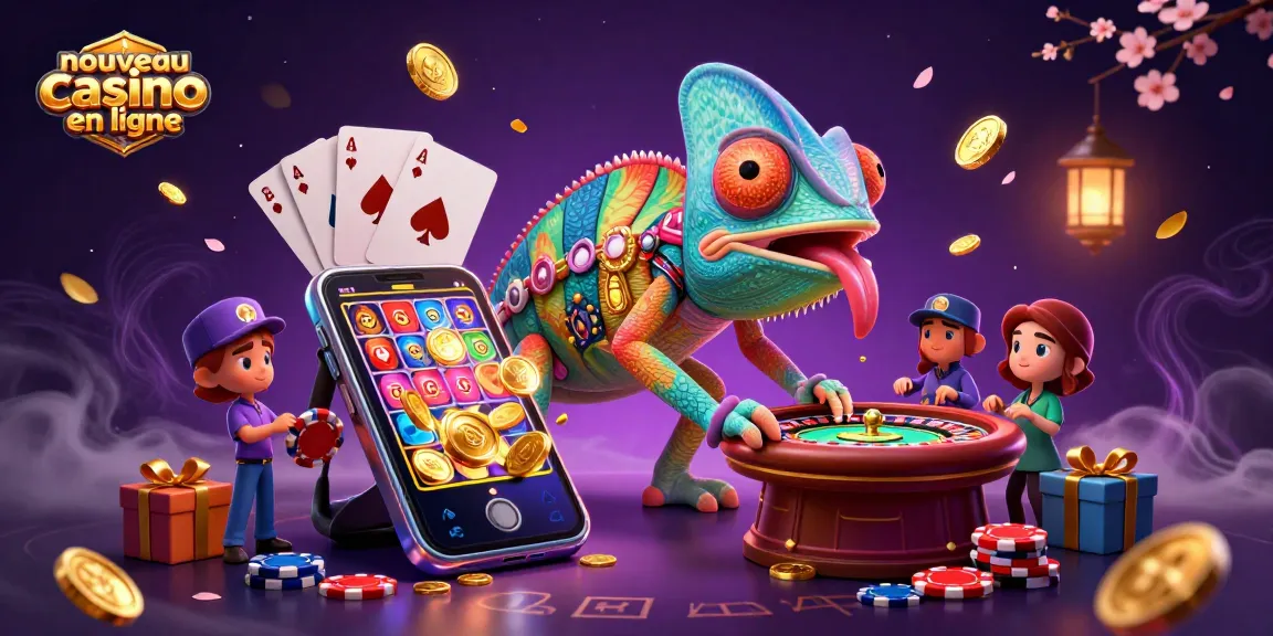 Profitez des nouveaux casinos en ligne avec un chameleon 3D prenant des pièces d'or dans une illustration vibrante.