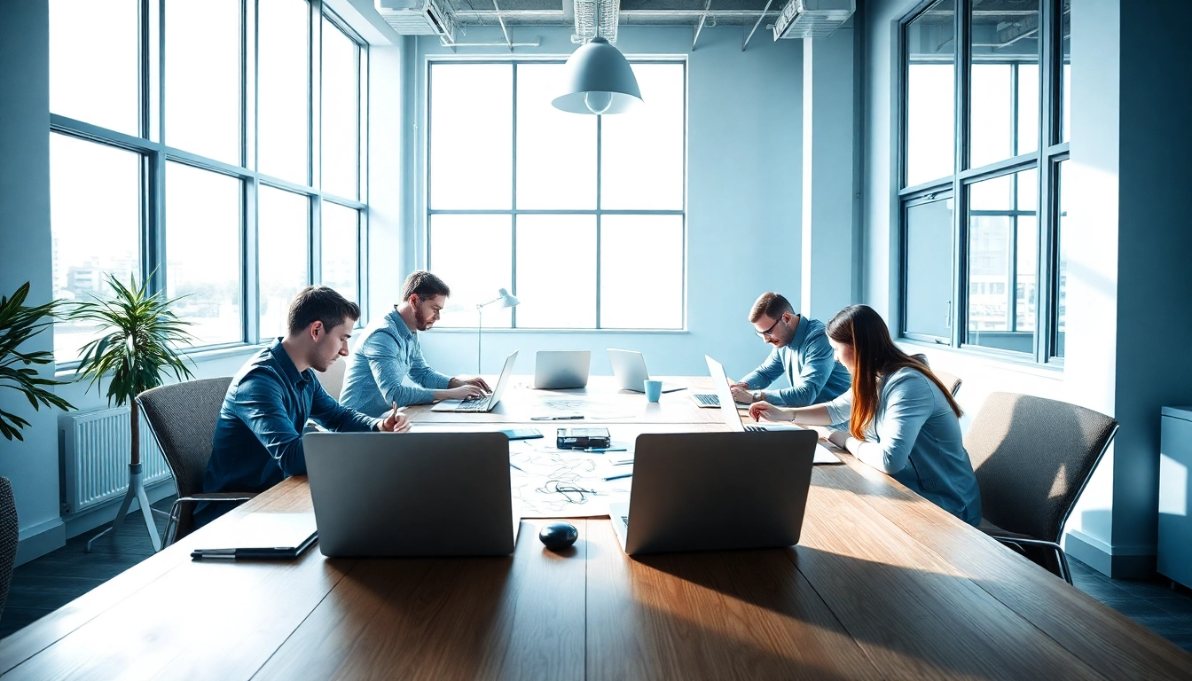 Team of Website Designers Hereford creating innovative web solutions in a vibrant office.
