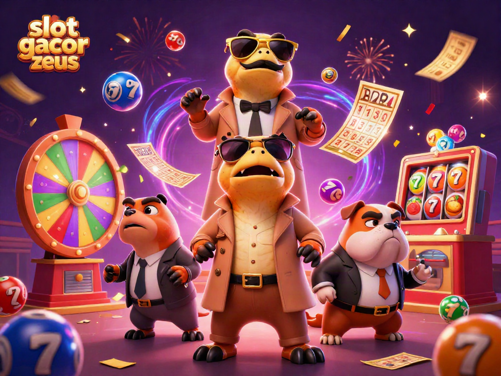 Engage with the slot gacor zeus experience, featuring cartoon raptors entering a vibrant casino scene.