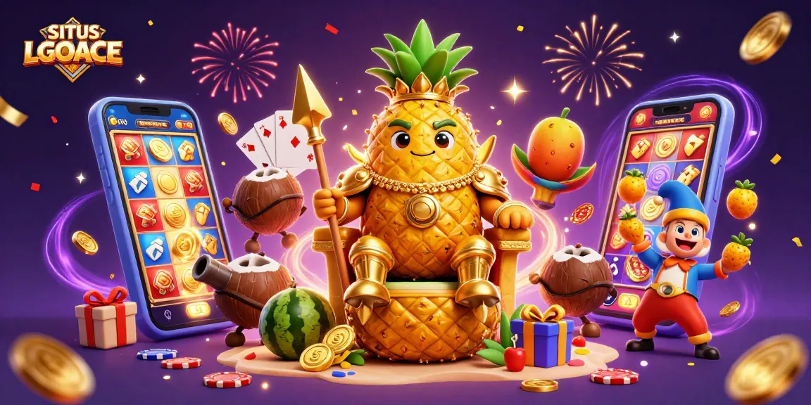 SITUS LGOACE showcases an animated scene with a golden pineapple king and casino elements for dynamic play.