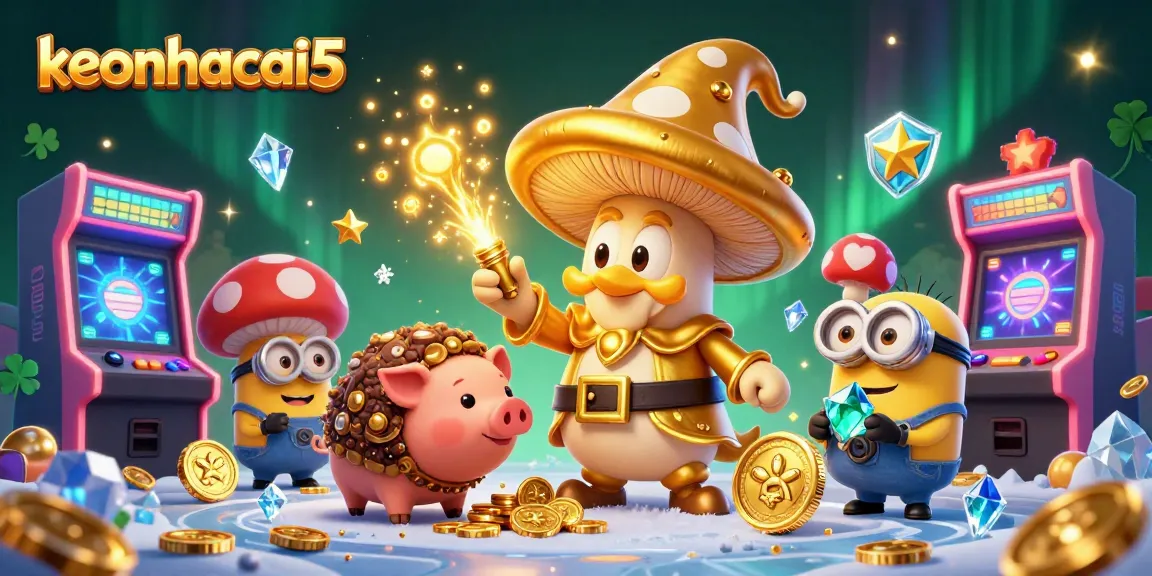 Engage in thrilling bets with keonhacai5 featuring a golden mushroom wizard and treasures amidst vibrant casino elements.