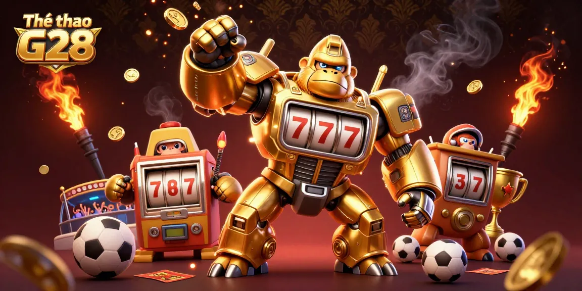 Engaging action scene showcasing Thể thao G28 with a golden gorilla mech and sports betting elements.