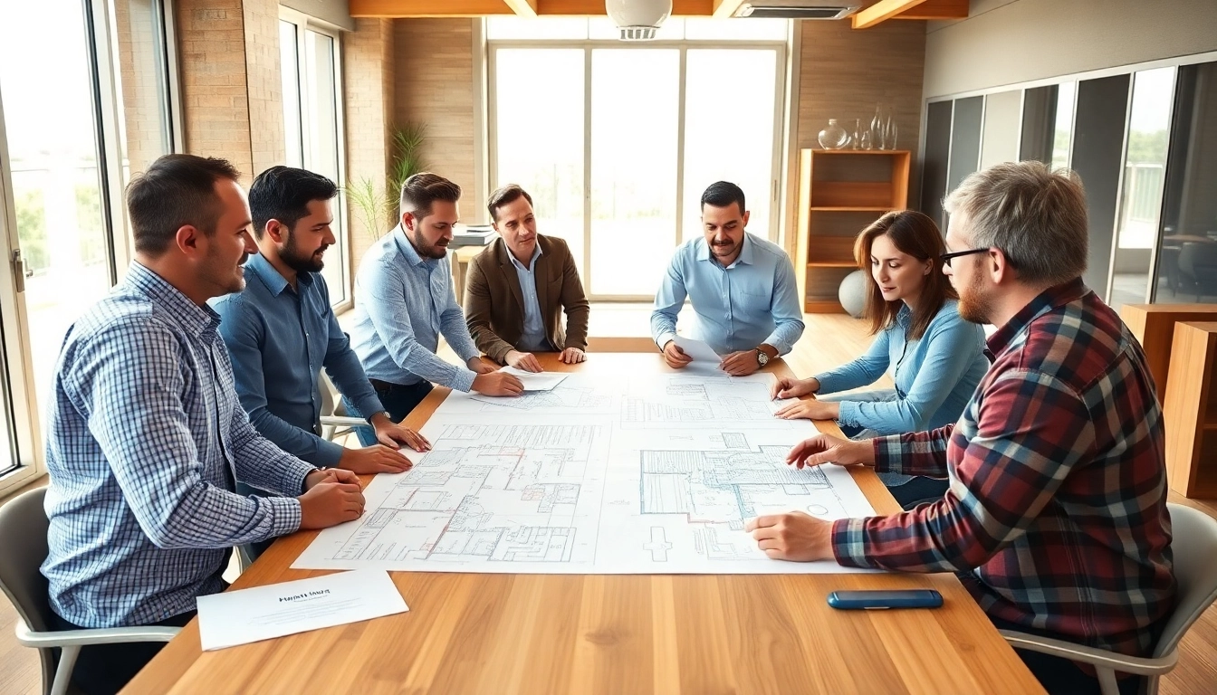 Construction member organization meeting with blueprints in a modern office setting.