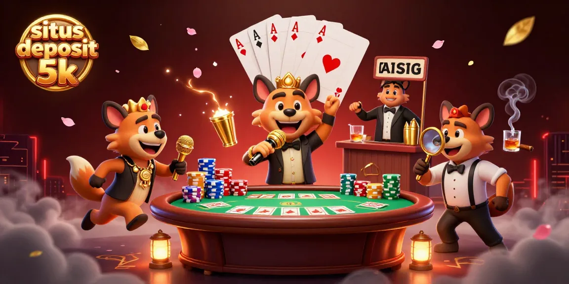 Engage with situs deposit 5k featuring cartoon hyenas in a lively casino atmosphere, showcasing vibrant poker elements.