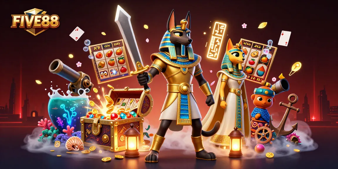 Experience the thrill of FIVE88 with ancient Egyptian warriors in an exciting casino scene.