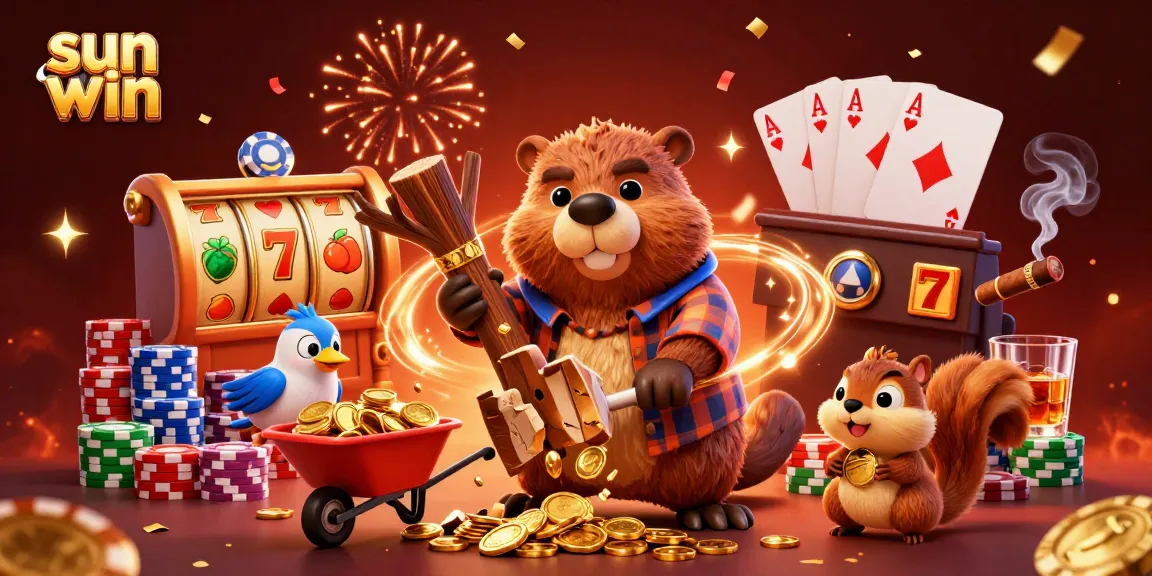 Spin to win at sun win with a vibrant 3D beaver character chopping a coin tree amidst slot reels.