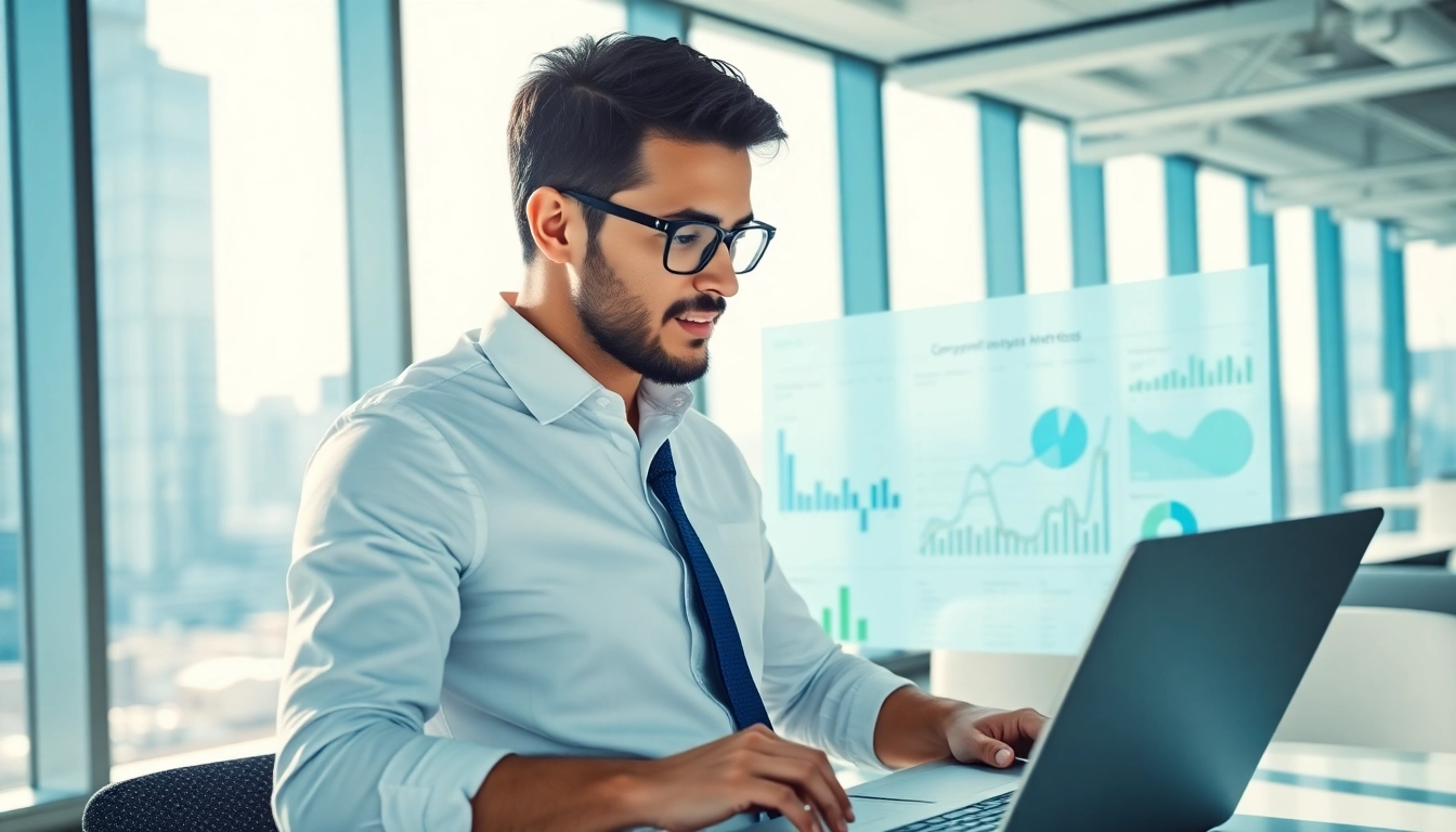 Analyst using AI for competitor analysis with data visualizations and office background.