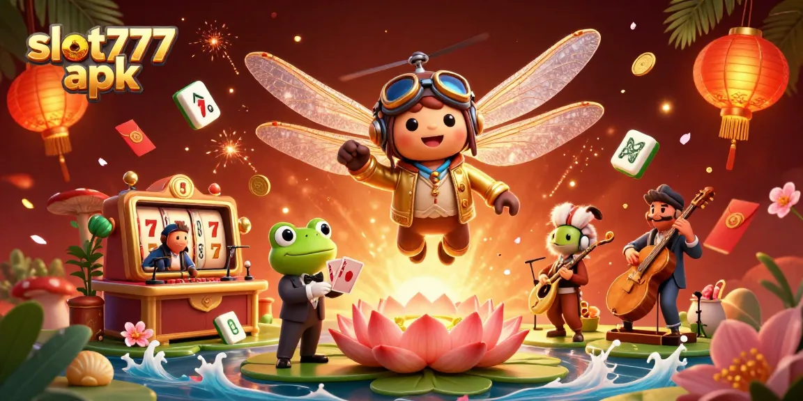 Experience the thrill of slot777 apk with a vibrant 3D casino scene including lucky symbols and engaging characters.