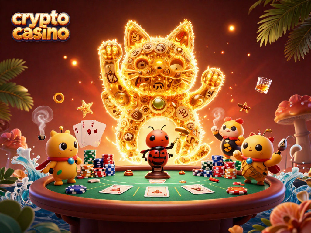 Engage with the vibrant crypto casino world through this rich 3D illustration of a lucky cat and poker elements.