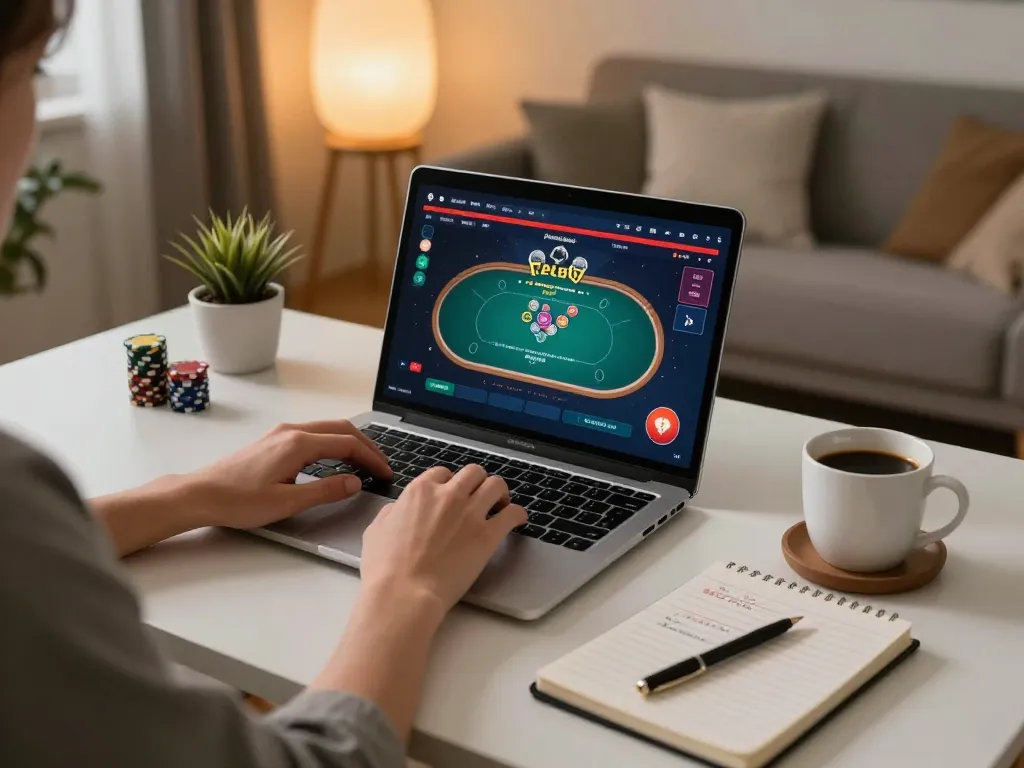 Engaging gameplay at home with 3win actor on online casino platform, showcasing strategic poker choices in a cozy environment