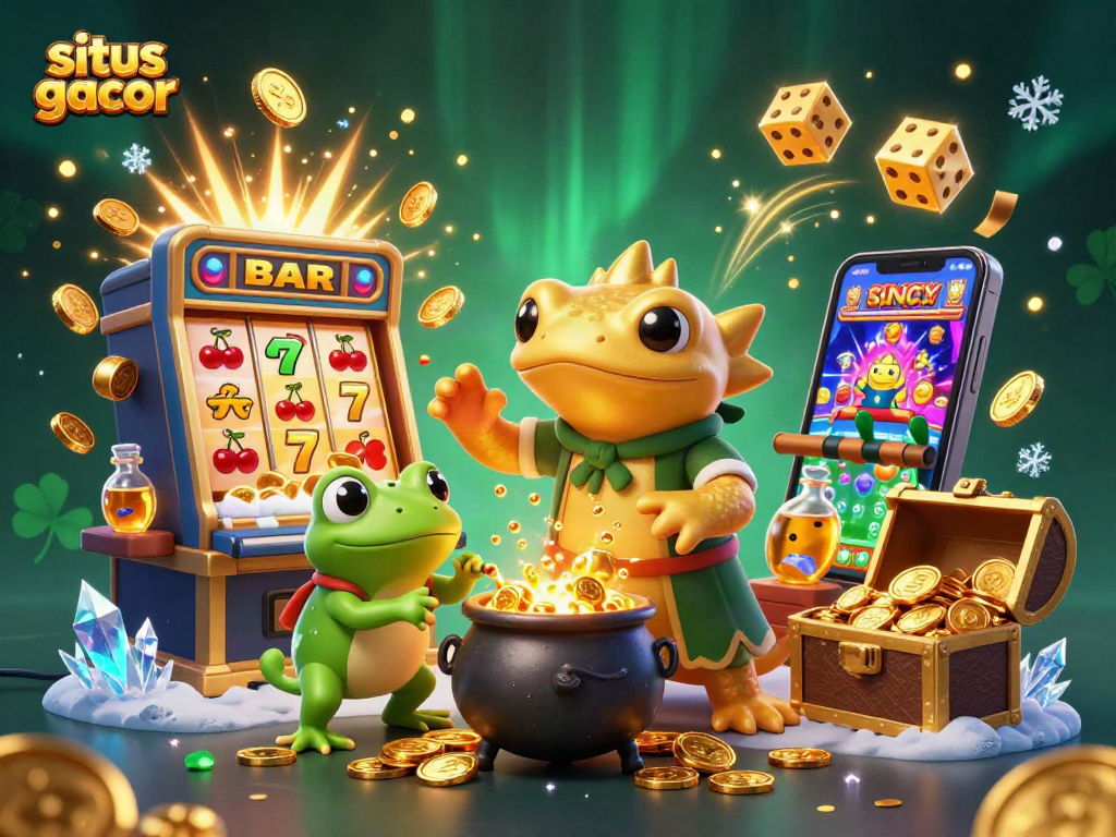 Spin to win at situs gacor with a vibrant 3D illustration of colorful casino elements.
