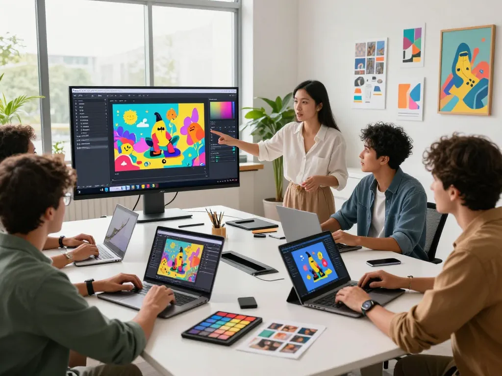 Creative team using nano banana 2 for AI-generated image editing in a bright digital workspace.