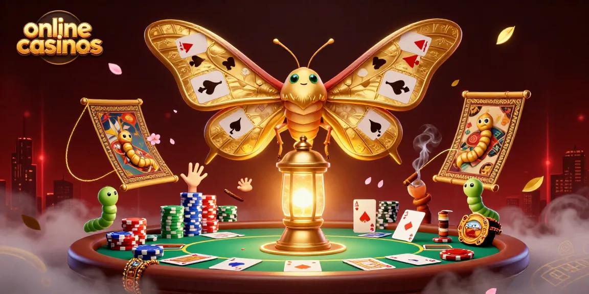 Experience thrilling online casinos with enchanting visuals of a moth and poker elements.