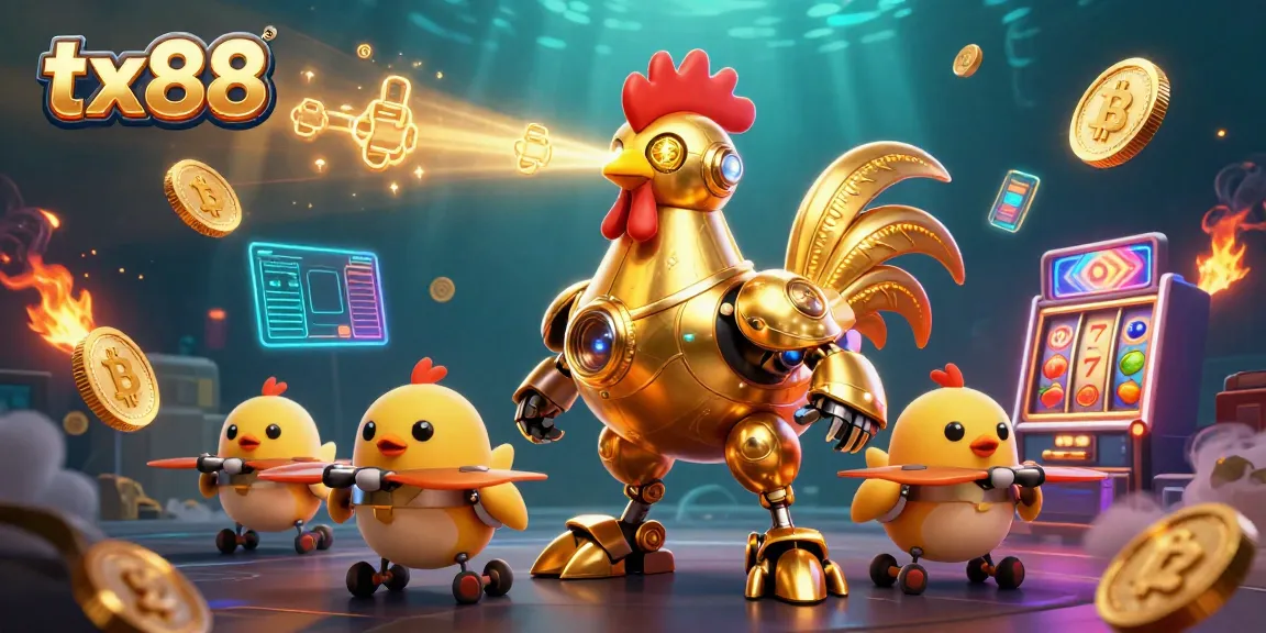 Experience tx88 with a dynamic scene of a golden rooster robot and baby chick drones amidst vibrant casino elements.