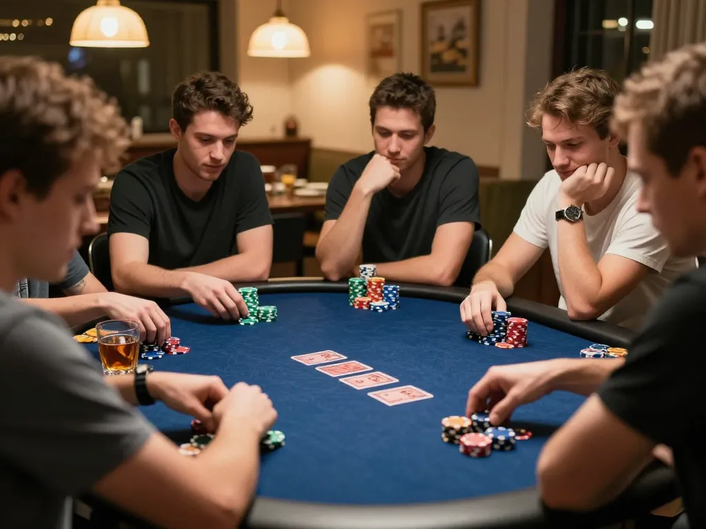Players strategizing in a home poker game while using the keonhacai 5 platform for tips.