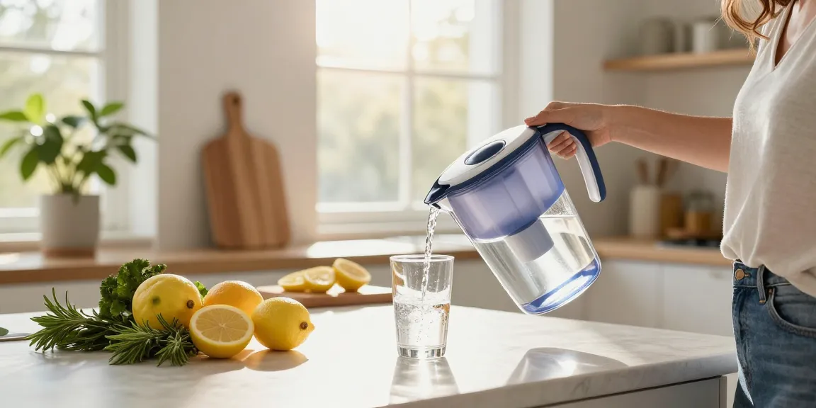 Refreshing moment with Waterdrop Water Filter Pitcher with 1 Filter, pouring crisp water into a glass in a bright kitchen.