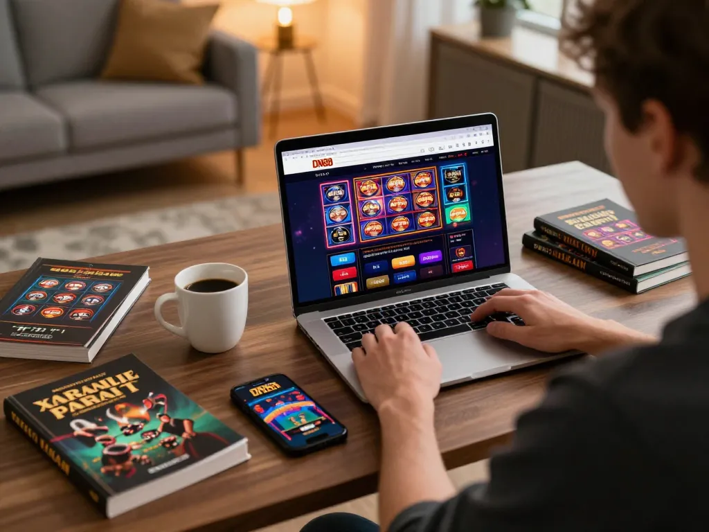 Person engaging with https://dn882.pro/ online casino on a laptop, surrounded by strategy books, in a cozy home setting.
