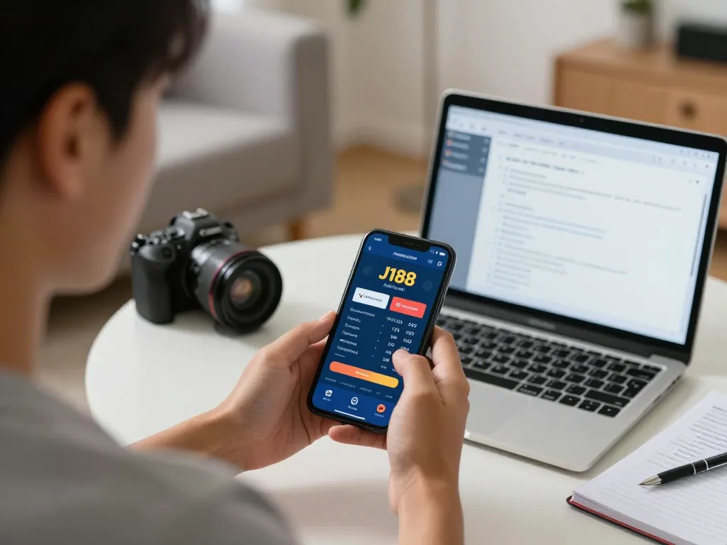 Engaging with J188 nhà cái's mobile app for sports betting in a cozy living room, showcasing strategic gaming.