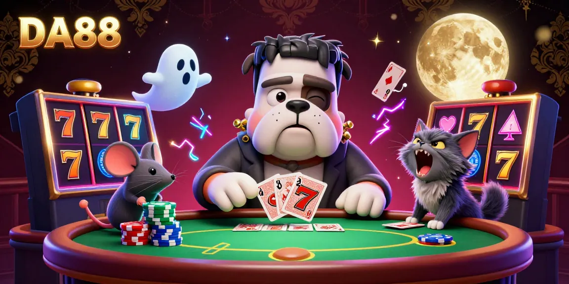 Engage in thrilling DA88 poker with vibrant chips and a ghost mouse at the table.