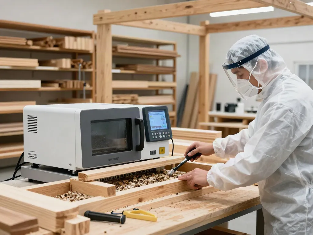 SHASHEL® microwave equipment in action, effectively eliminating wood-boring insects in a modern workshop