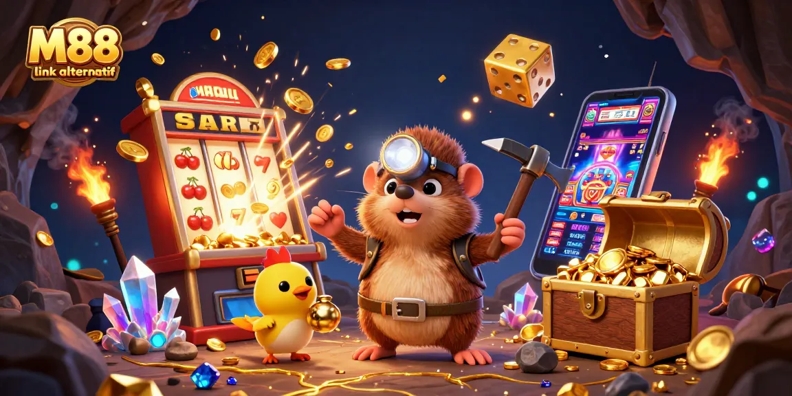 Experience thrilling gaming moments with M88 link alternatif, showcasing vibrant casino imagery and captivating characters.