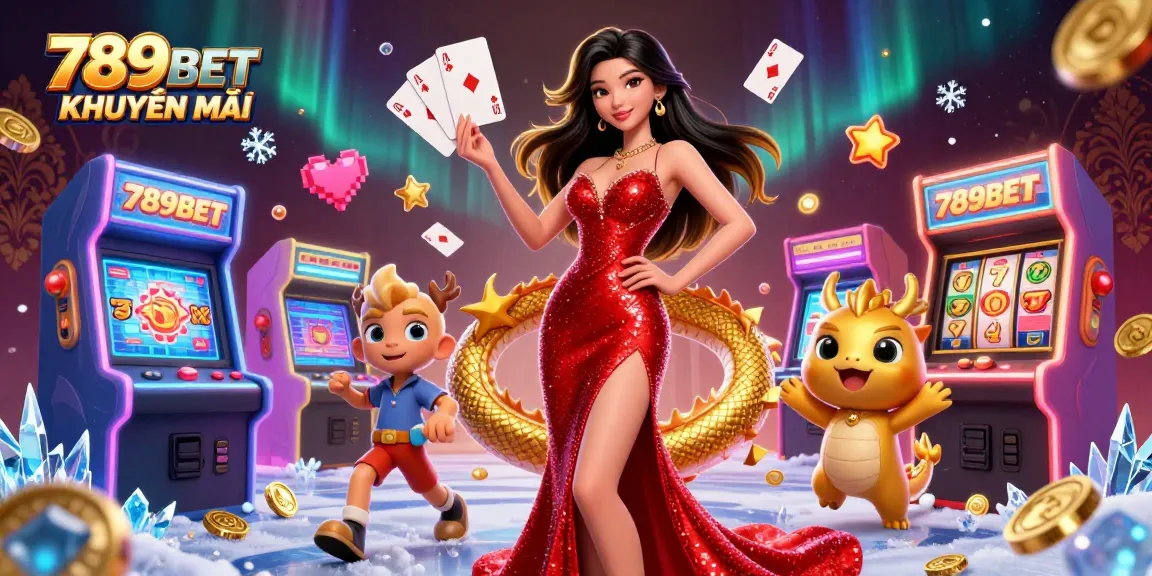 Engage with 789BET KHUYN MI through a vibrant illustration featuring an elegant Asian woman, golden dragon mascot, and casino elements.