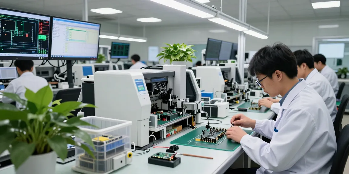 Engineers assembling crimp connectors in a modern facility with tools and screens.