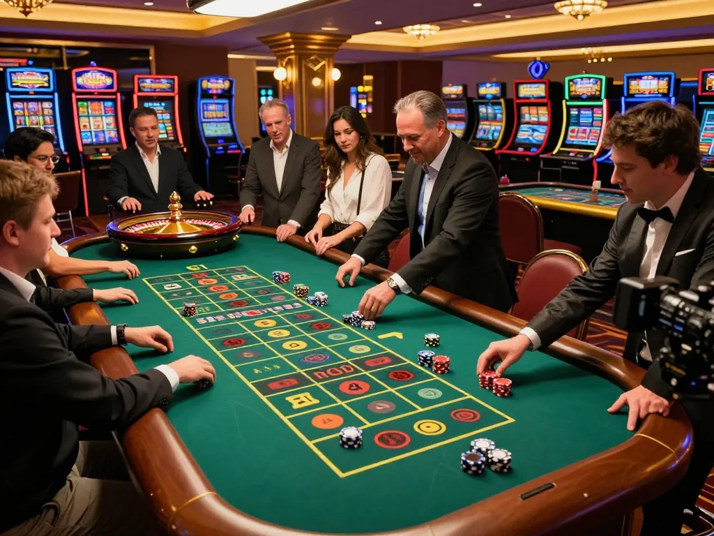Players enjoy betting at a roulette table in an upscale casino environment showcasing https://lc88pro.com excitement.