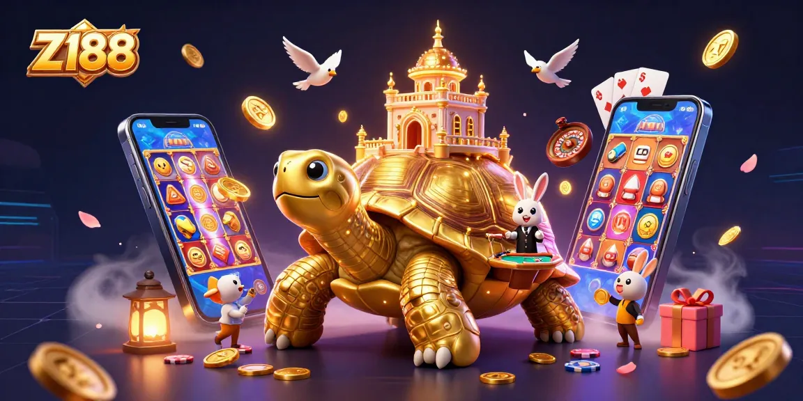 Immerse in the Z188 casino experience with a golden tortoise hosting games amidst flying golden coins.