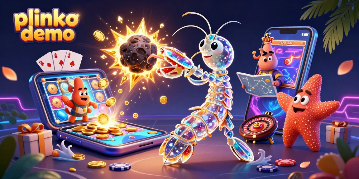 Play plinko demo with captivating 3D casino imagery featuring vibrant slots and characters.