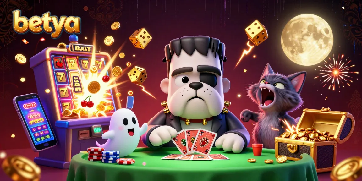 Engage with betya's thrilling casino scene featuring a Frankenstein bulldog dealer amidst a jackpot explosion.