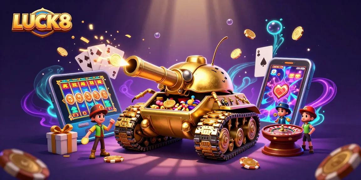 Experience LUCK8's excitement through a vibrant casino scene with a golden beetle tank and slots