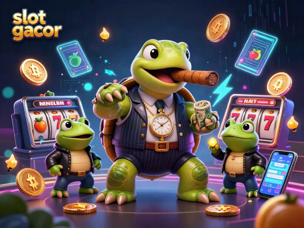 Slot gacor menampilkan kura-kura besar dalam setelan vintage dengan simbol mesin slot di sekitarnya, menciptakan suasana kasino yang menarik.