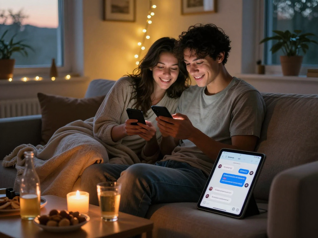 Couple enjoying sexting ai in a cozy home setting with warm candlelight.