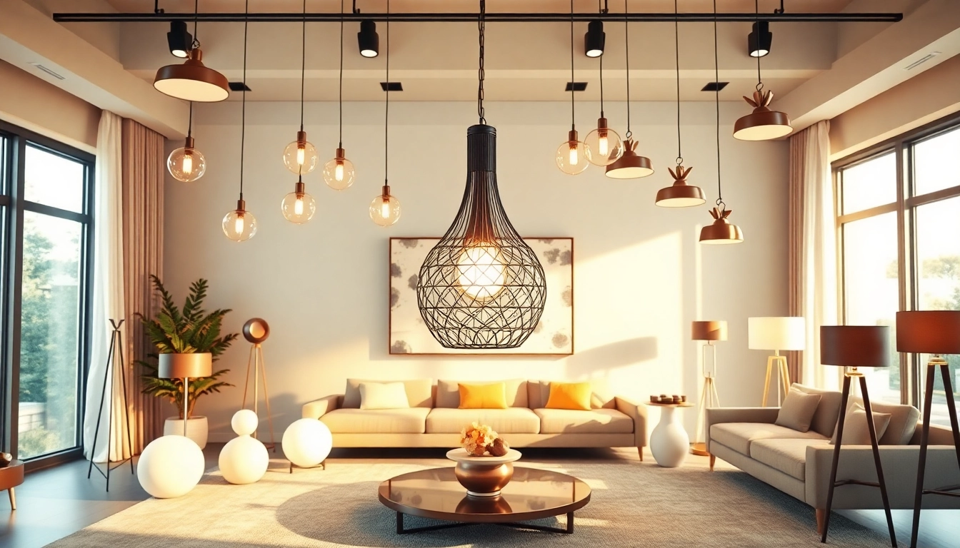 Shop ModernLighting with elegant pendant and floor lamps in a sophisticated living room setting.