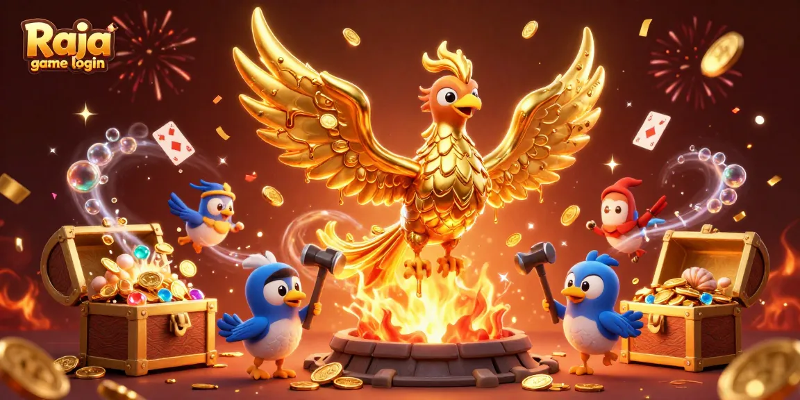 Engage in the thrilling Raja game login scene with a molten phoenix and treasures bursting forth