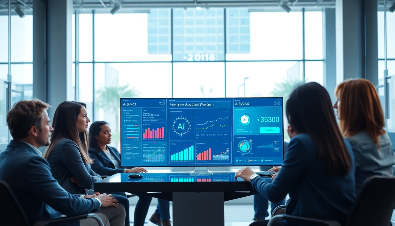 Showcasing an enterprise assistant platform engaging users in a collaborative office environment.