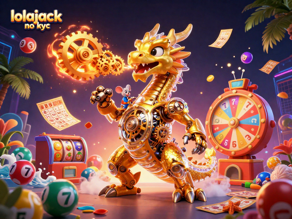 Experience the thrill of lolajack no kyc gaming with dynamic casino elements like lottery balls and a golden dragon.