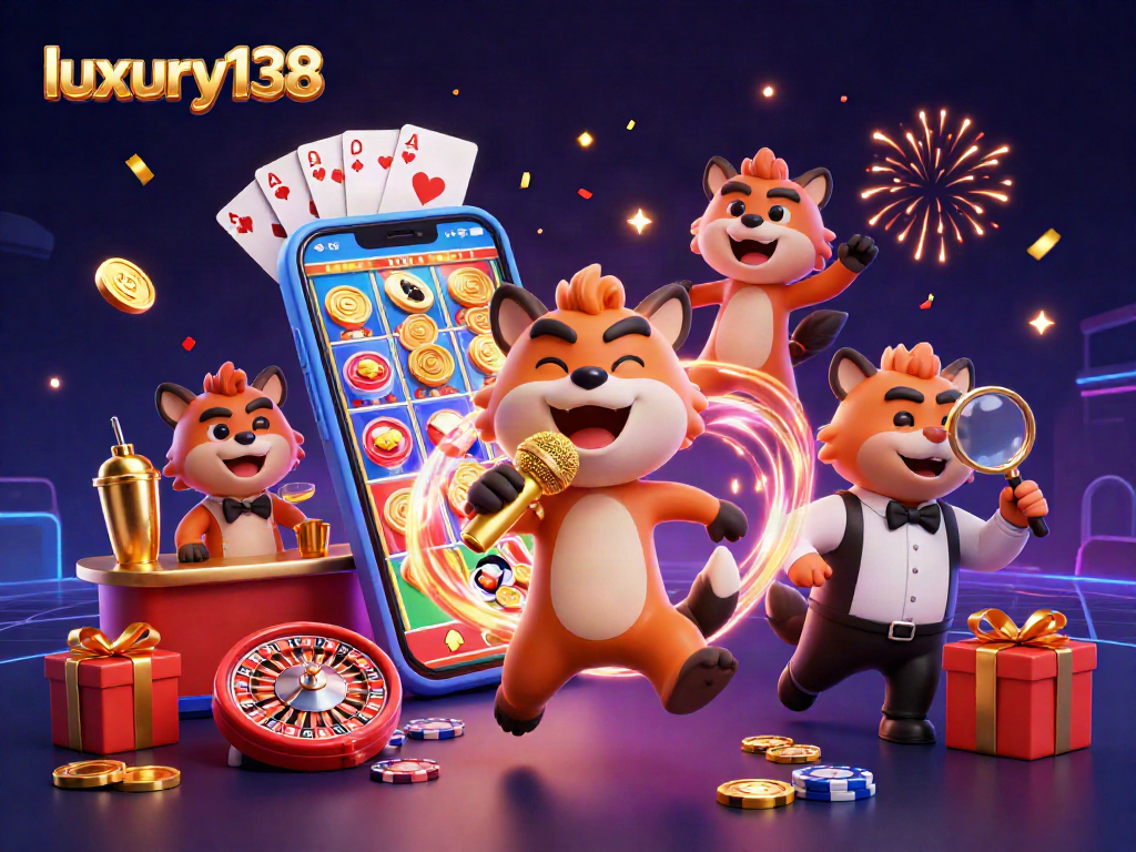 luxury138 tampilkan kasino komedi unik dengan hyena, permainan slot, dan cahaya gemerlap.