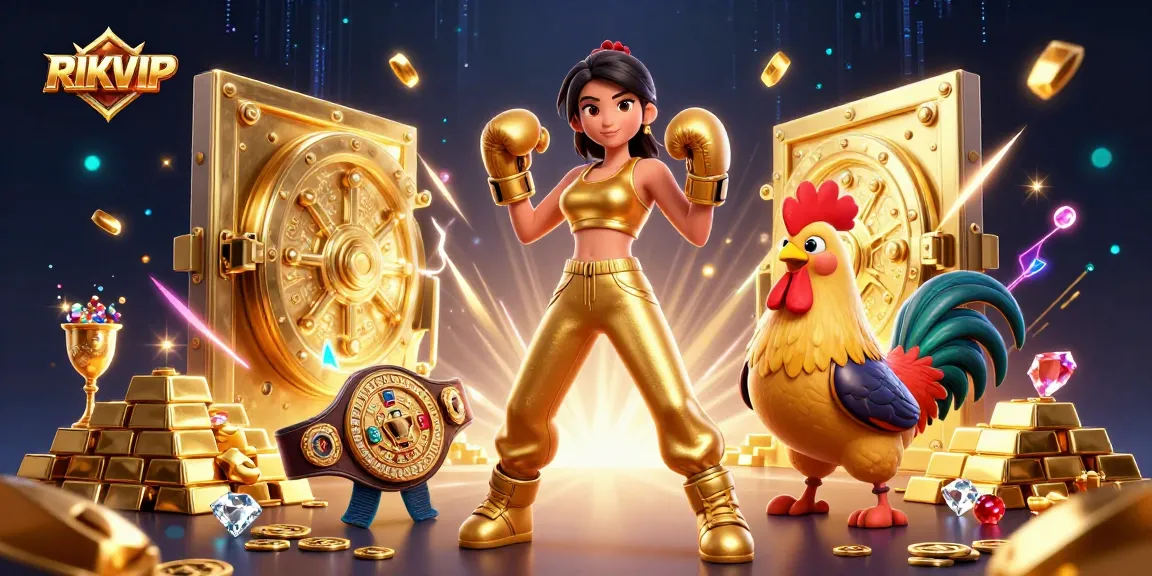RIKVIP players engage in thrilling action with treasures and dynamic elements in a vibrant casino scene.