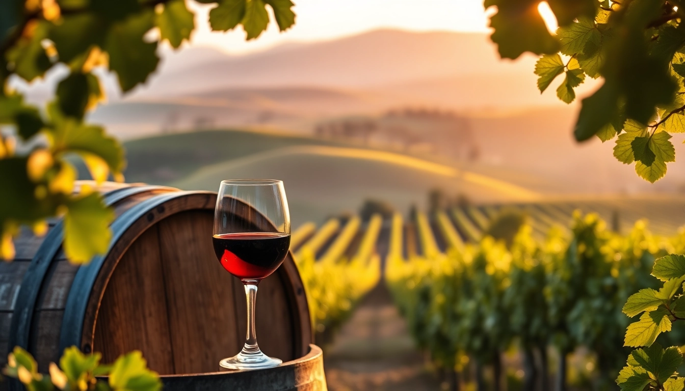 Wineries Sacramento scene with lush vineyards and wine glass capturing evening glow.